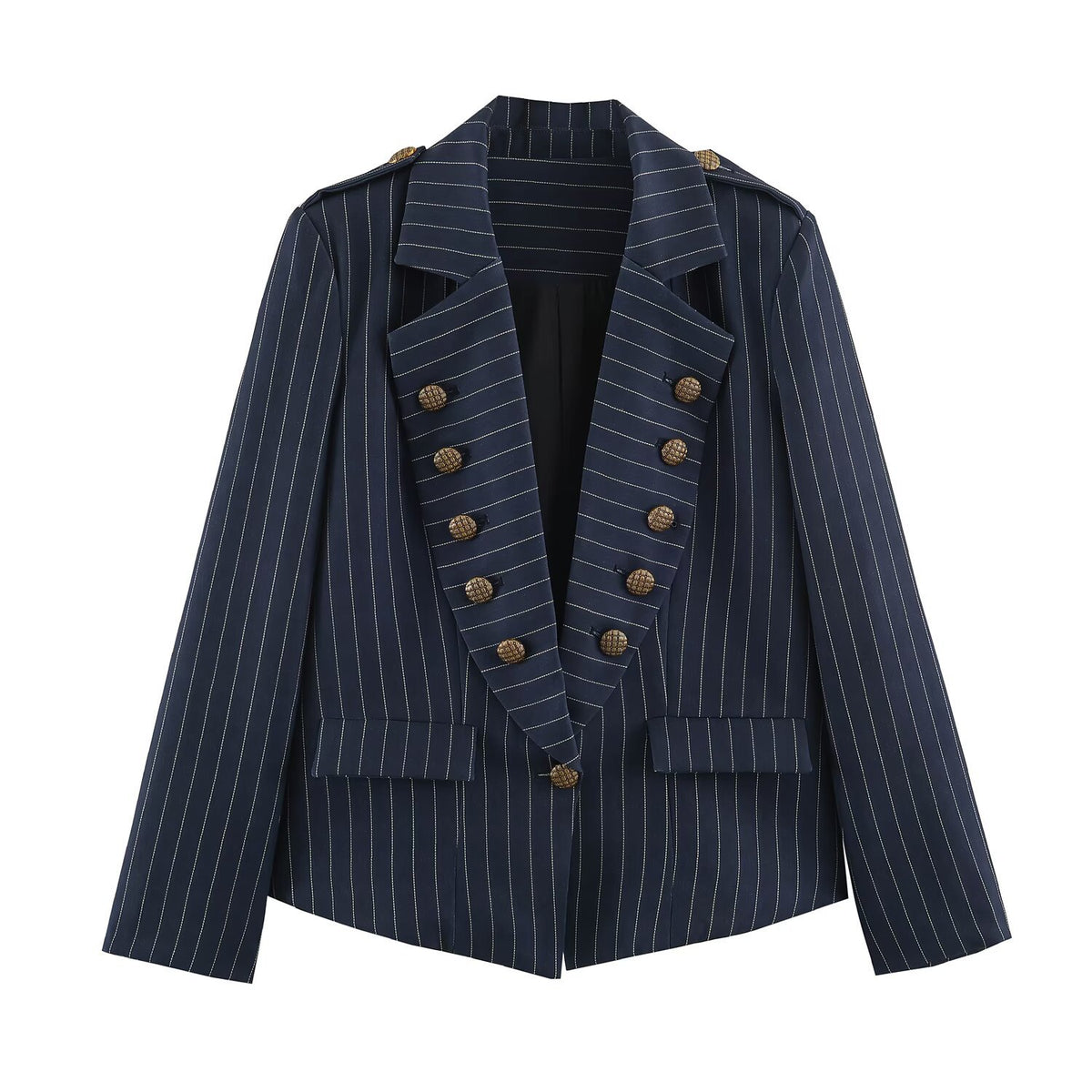 One button pocket button decoration striped suit jacket for women