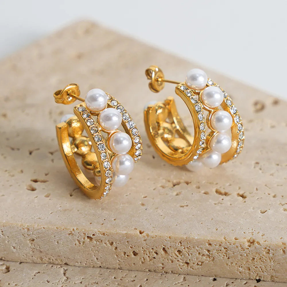 Badge of Pearls Titanium Steel C-Hoop Earrings