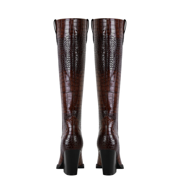 Pump Heel Pointed Toe Plaid Long Boots Women Wine Red Dark Brown Adult Order