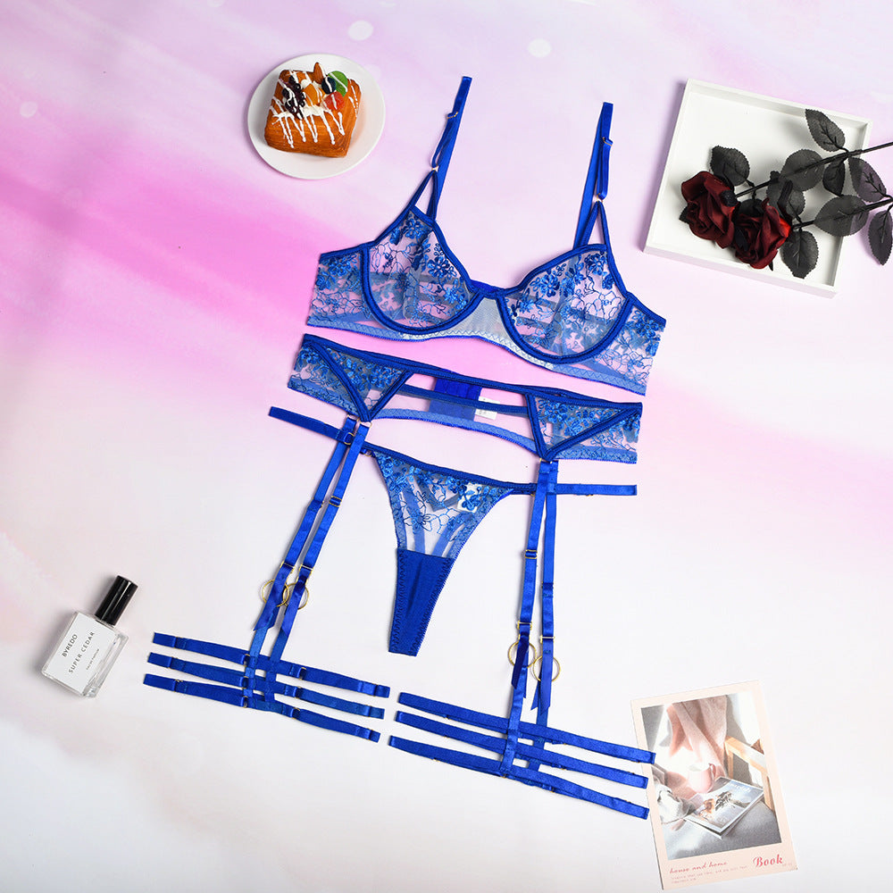 LA BELLA Women's Blue Embroidered Sexy Lingerie Set