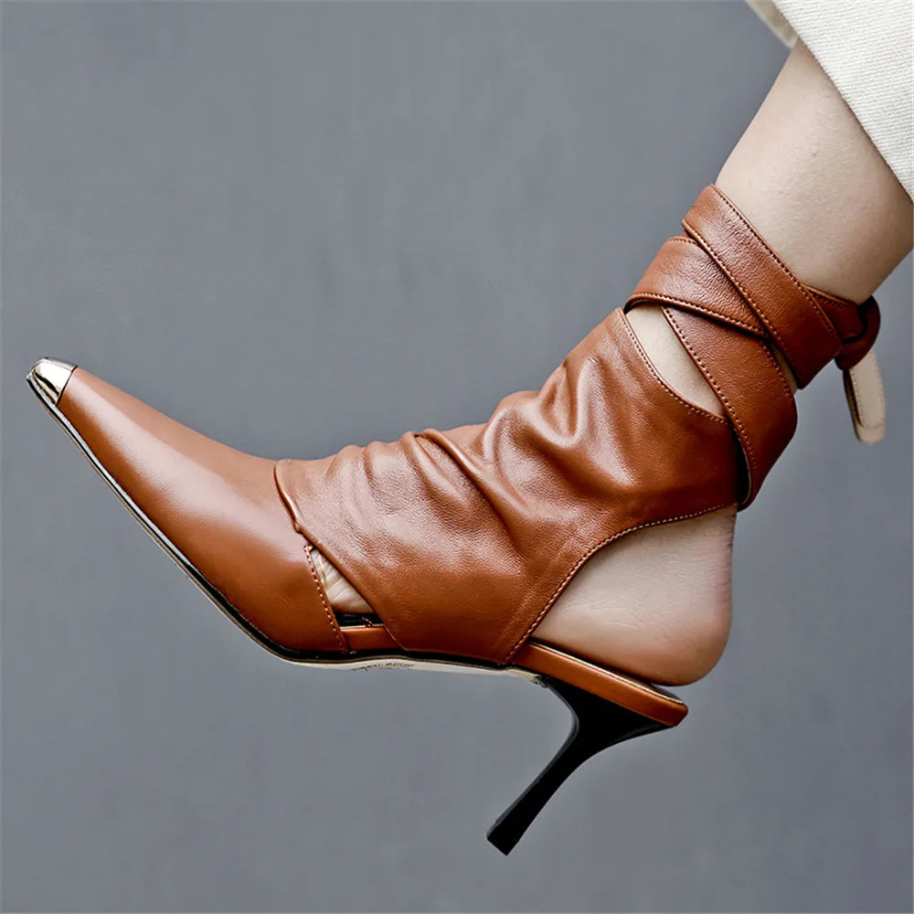 Fall fashion Shoes Sheepskin Big Size 34-42 Women Sandals Thin High Heel 7.5 CM Lace Up Metal Pointed Toe