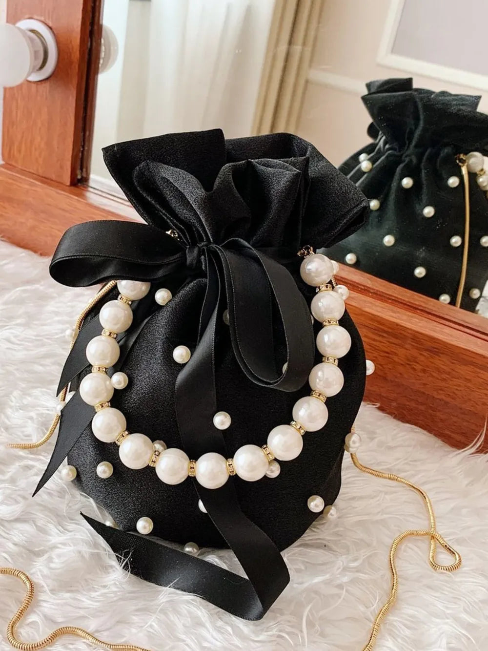 Badge of Pearls Detailed Solid Color Bucket Bag
