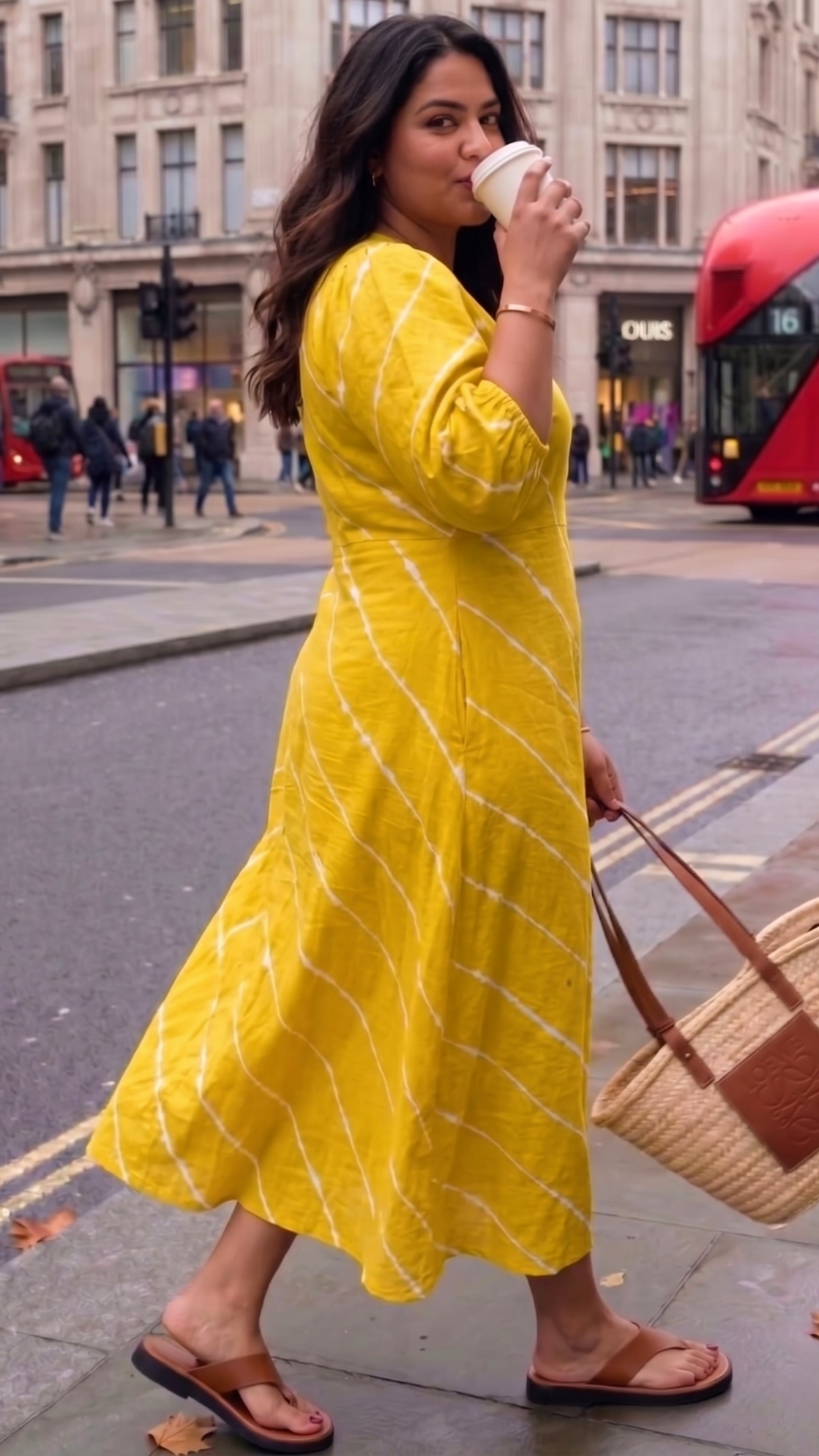 Plus Size Yellow Cotton Midi Dress – Tie-Dye Stripe V-Neck Casual Dress for Women