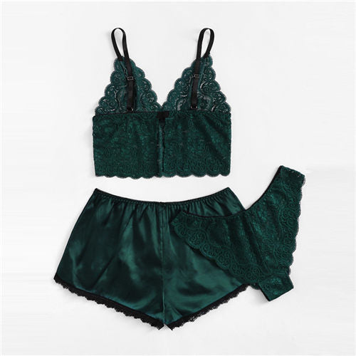 LA BELLA Army Green Sexy Floral Lace Cami Lingerie Set Burgundy Women Bra And Brief Sets Wireless Sexy Underwear Bra Set