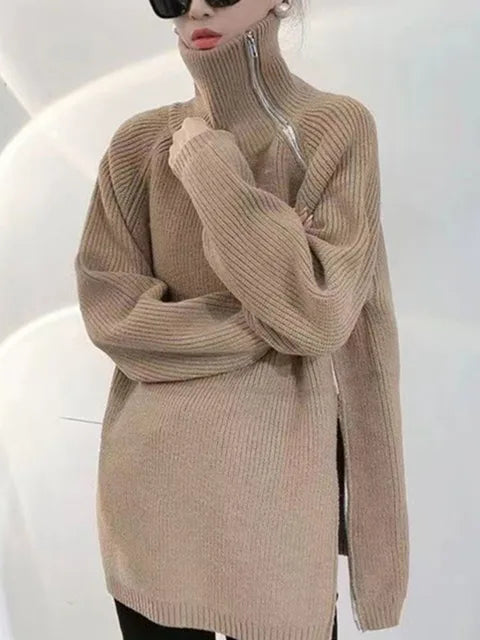 Temperament Turtleneck Solid Color Loose Sweater Cardigan For Women Casual Zipper Knitted Coats Top Autumn New
