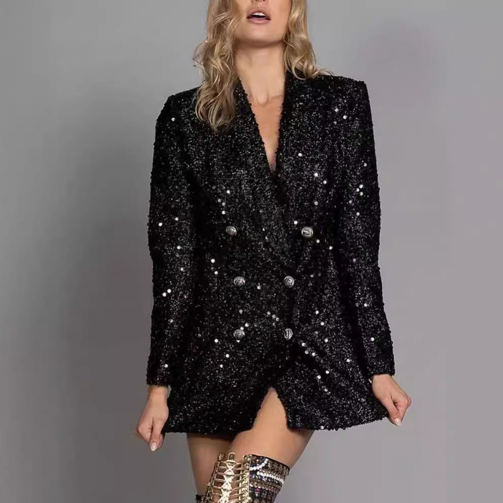Style V-Neck Elegant Suit Jacket with Double-Breasted Design, Black Sequins, Fitted Long Blazer
