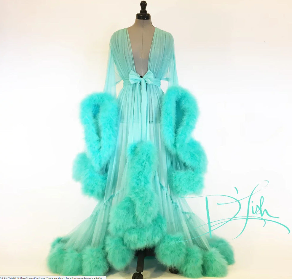 LA BELLA Sexy Lingerie Women's Sexy Feather Trumpet Sleeve Trailing Long Skirt Imitation Rex Rabbit Fur Sexy Nightdress Perspective Temptation Suit