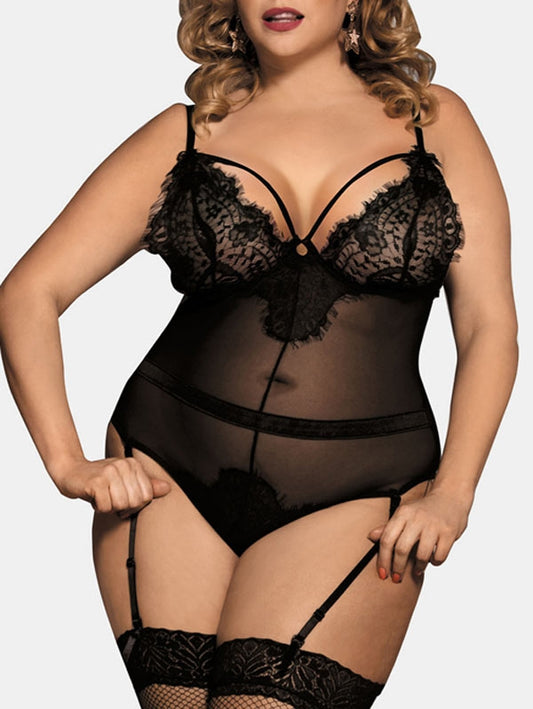 LA BELLA Plus Size Lace Insert Mesh Lingerie Teddy