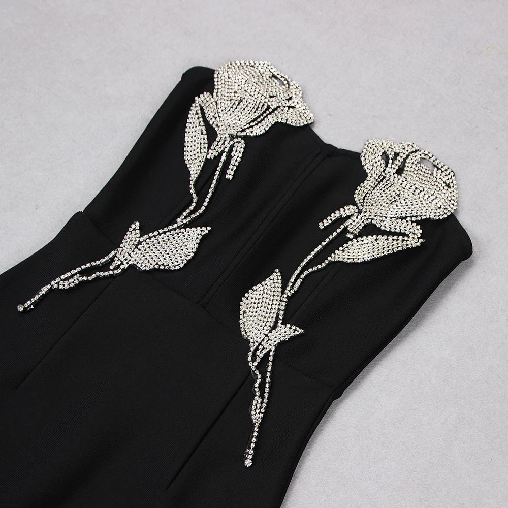 DEIVE TEGER Black Rose Embroidered Long Bandage Dress for Girls Elegant Wrap Breast Sexy Party Event