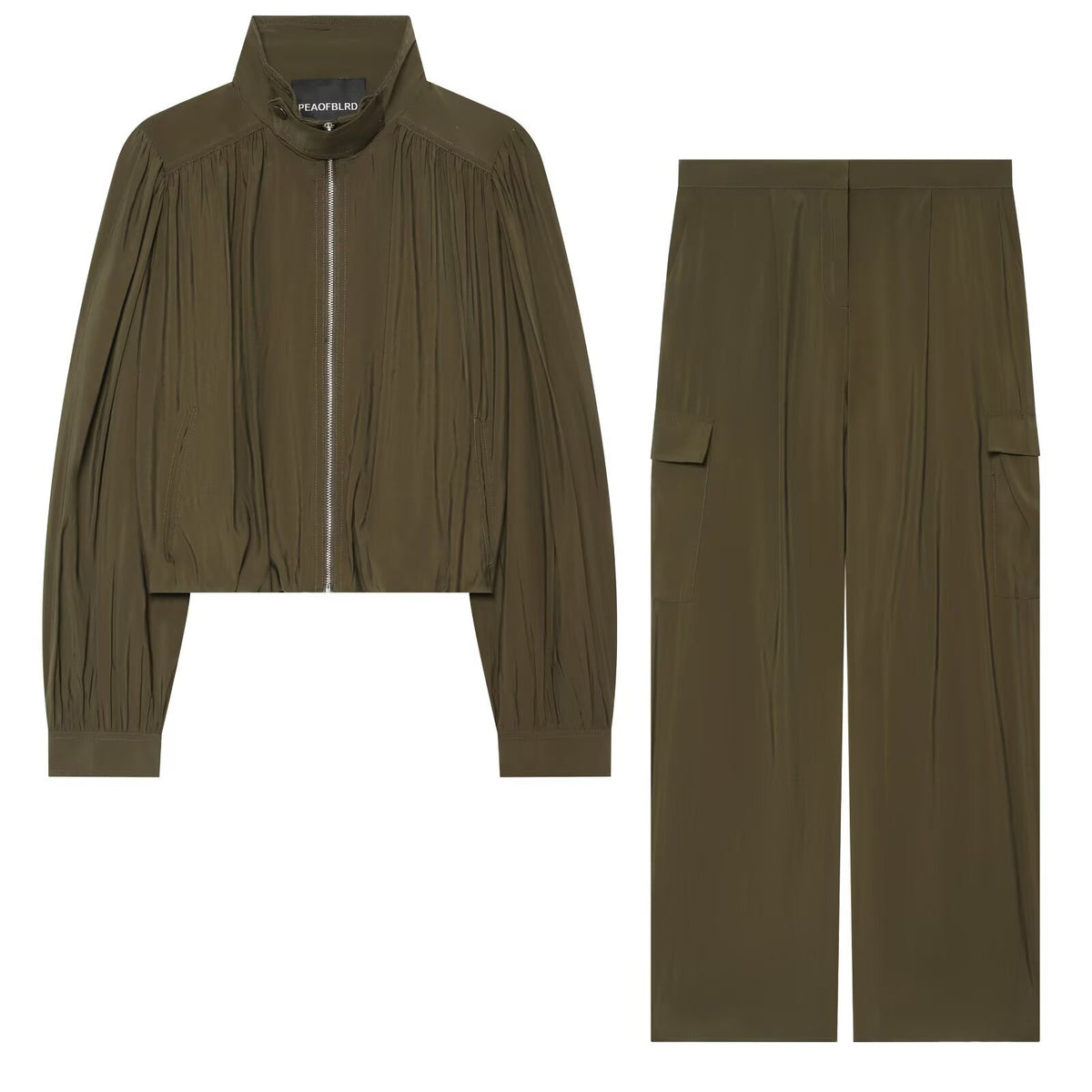 Zipper Bubble Bottom Coat+Pants Set for Women