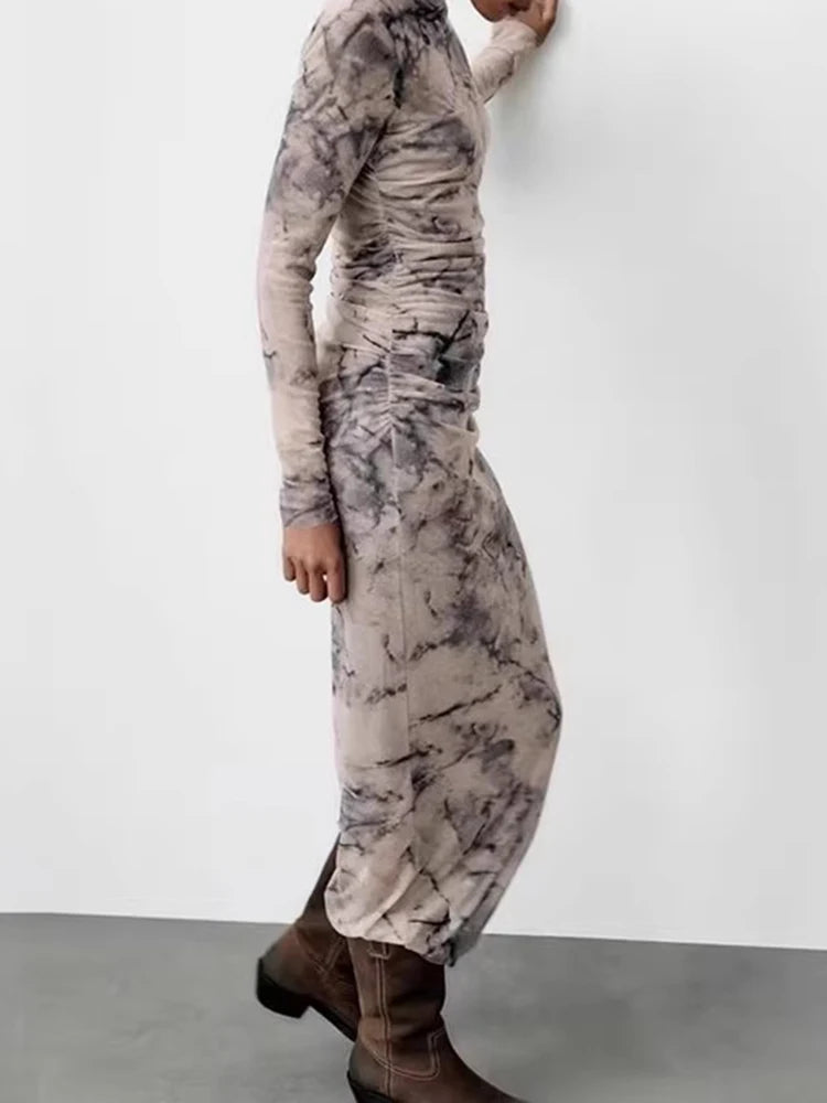 Fashion Elegant Long Sleeve Casual Dresses Women's High Quality Slim Fit Trendy Female Dress Tie-dyed Pattern