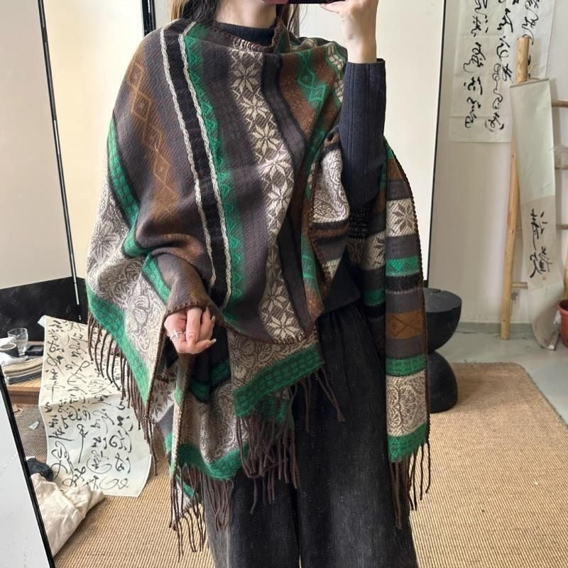 Ethnic wind stripe contrast color tassel shawl woman winter scarves other scarves shawls summer scarf
