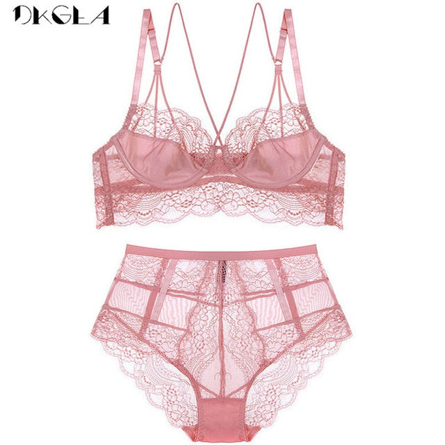 LA BELLA New High Waist Gray Bra Embroidery Lingerie Sets Fashion Brassiere Transparent Black Deep V Lace Underwear Women Bra Set