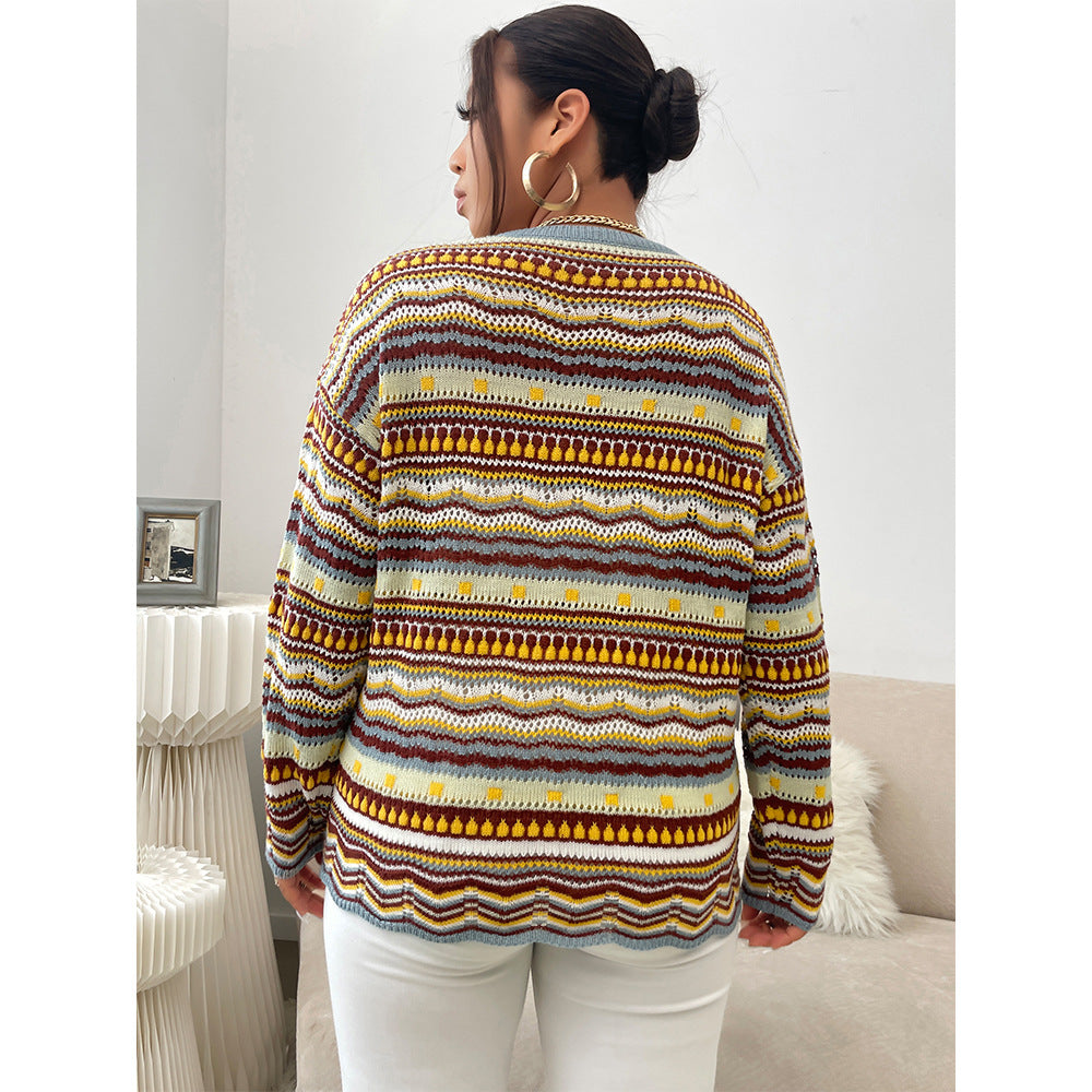 Autumn And Winter New Large Size Loose Long-Sleeved Striped Knitted Sweater Round Neck Sweater Women