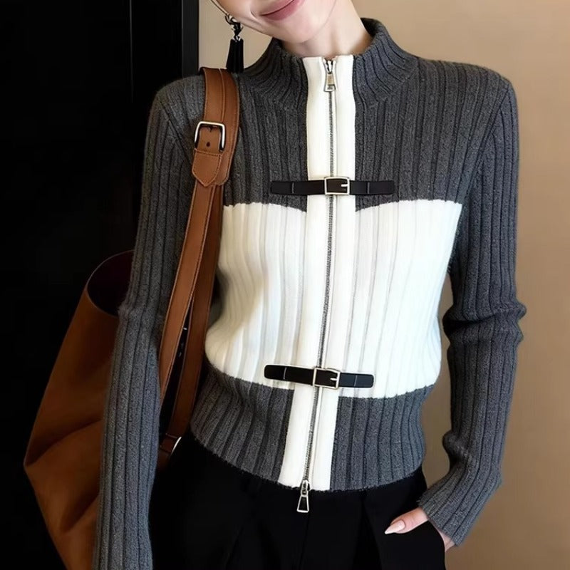 Elegant Color-Blocked Versatile Half-Stand Collar Zip-Up Knit Cardigan Women's Commuter Style Top