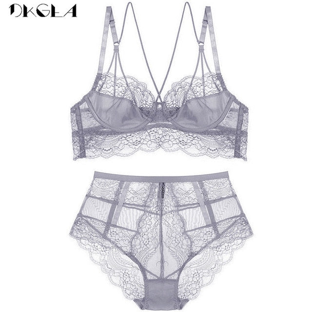 LA BELLA New High Waist Gray Bra Embroidery Lingerie Sets Fashion Brassiere Transparent Black Deep V Lace Underwear Women Bra Set