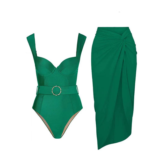Emerald Color Fashion One Piece Swimsuits Cover Up Women Luxury Swimwear Push Up Slim Bikini Elegant Bathing Suit Beachwear