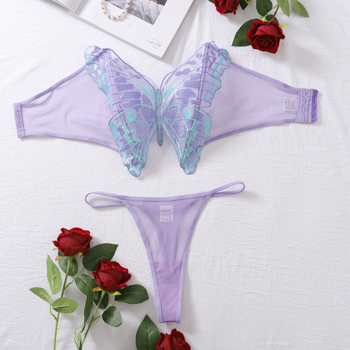 Thin sexy butterfly embroidered tube top suit mesh see-through sexy lingerie two-piece suit for women