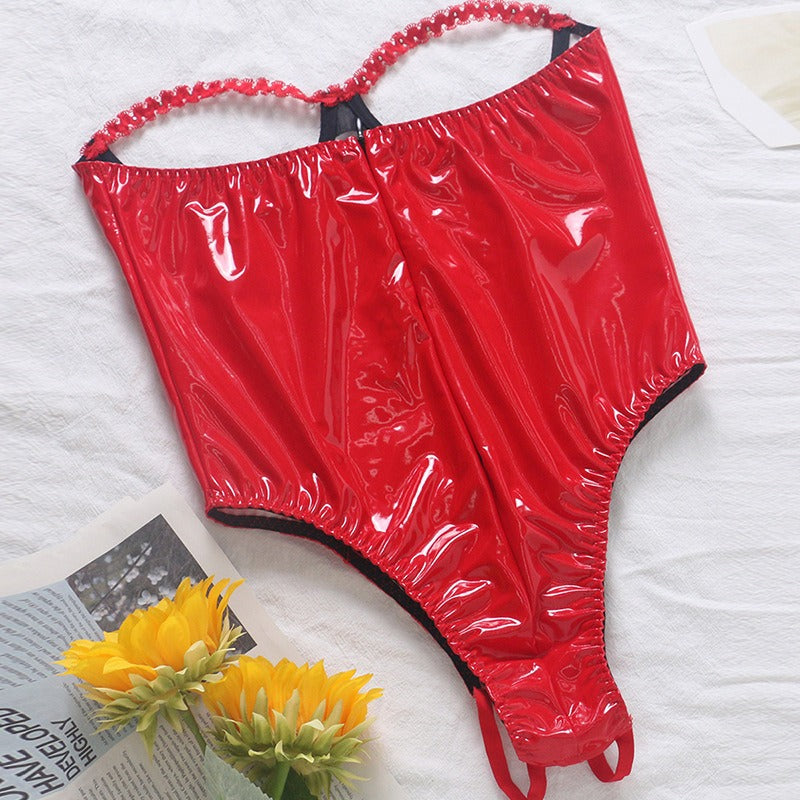 LA BELLA High Grade PU Leather Sexy Lingerie Women's Pure Desire To Seduce Perspective Outfit Backless One-Piece Tights