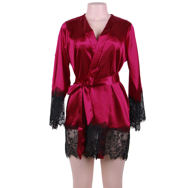 LA BELLA Silk Robe Long Sleeves Lingerie Gowns Lace Patchwork Short Kimono Sexy Bride Robes Wedding