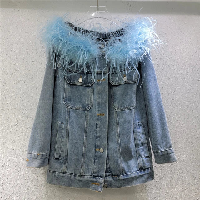 Women's Fashion Feather Patchwork Slash Neck Single Breasted Denim Coats Spring New Items Loose Jackets
