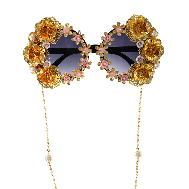 FLOETIC STANZAS sunglasses Baroque retro hollow carved black round frame sunglasses flower butterfly beach glasses