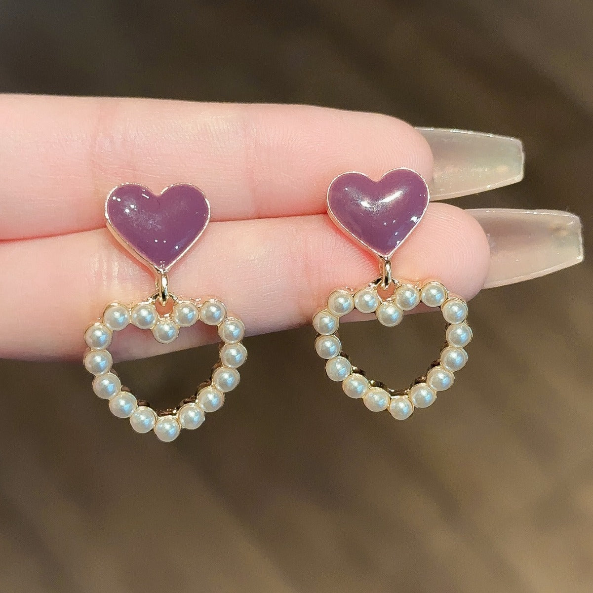 Love pearls sweet temperament oil dripping peach heart earrings