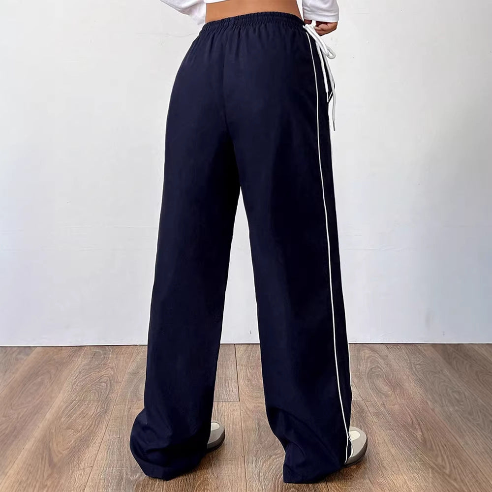 Side striped elastic waistband drawstring pants for women