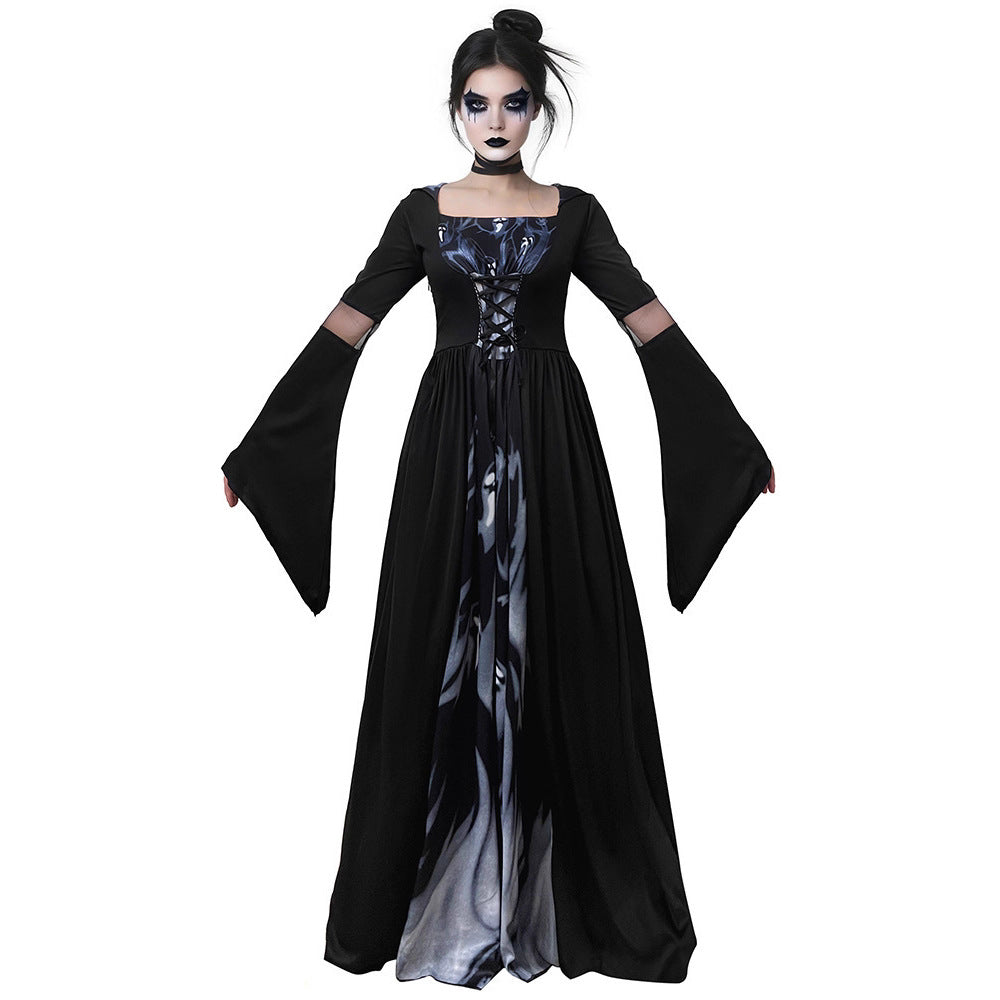Hooded Skull Witch Costume Dress for Women, Halloween Cosplay Stage Performance Outfit