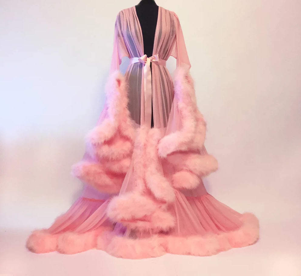 LA BELLA Sexy Lingerie Women's Sexy Feather Trumpet Sleeve Trailing Long Skirt Imitation Rex Rabbit Fur Sexy Nightdress Perspective Temptation Suit