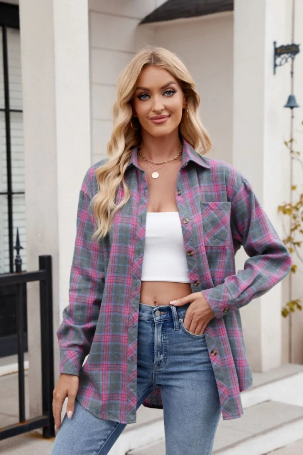 Women's casual fashion spicy girl loose checkered shirt for women