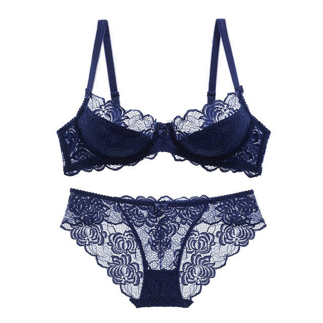 LA BELLA Sexy Bra Ultrathin Underwear Set Plus Size C D Cup Women Transparent Bra Sets Lace Embroidery Lingerie Gray Brassiere