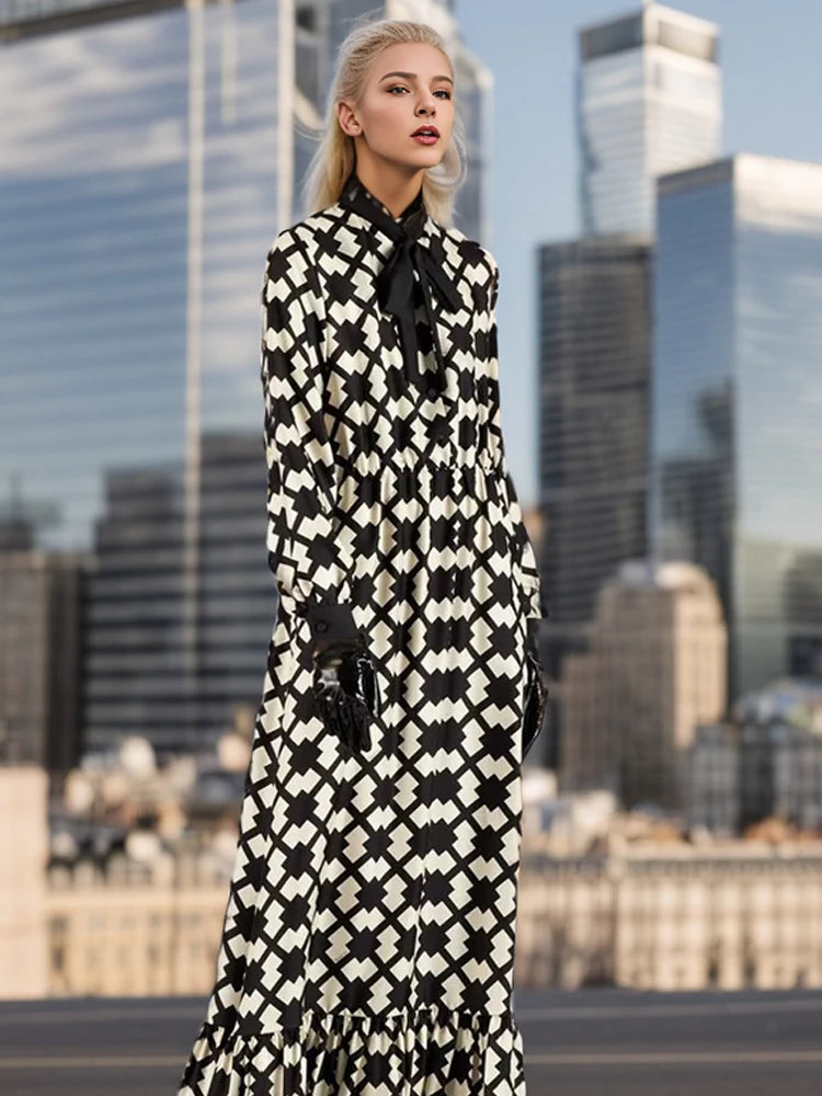 New High Quality Spring Autumn Fashion Party Black And White Printed Lace Up Slim Vintage Elegant Casual Long Dresses For Women