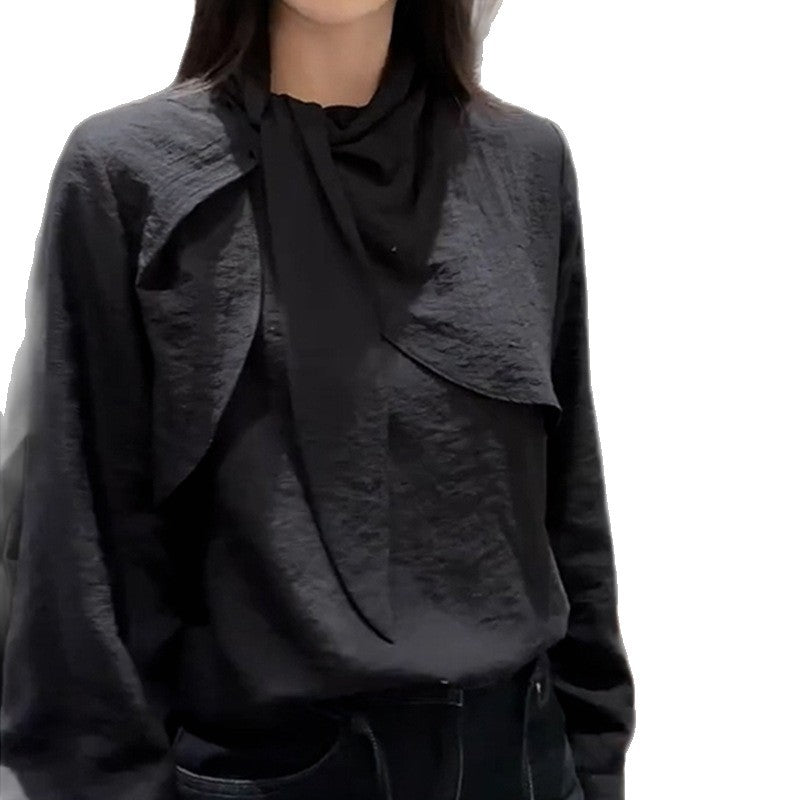 Unique Black Bow Tie Blouse for Women, Elegant and Youthful Design, Fashionable Top with Distinctive Style