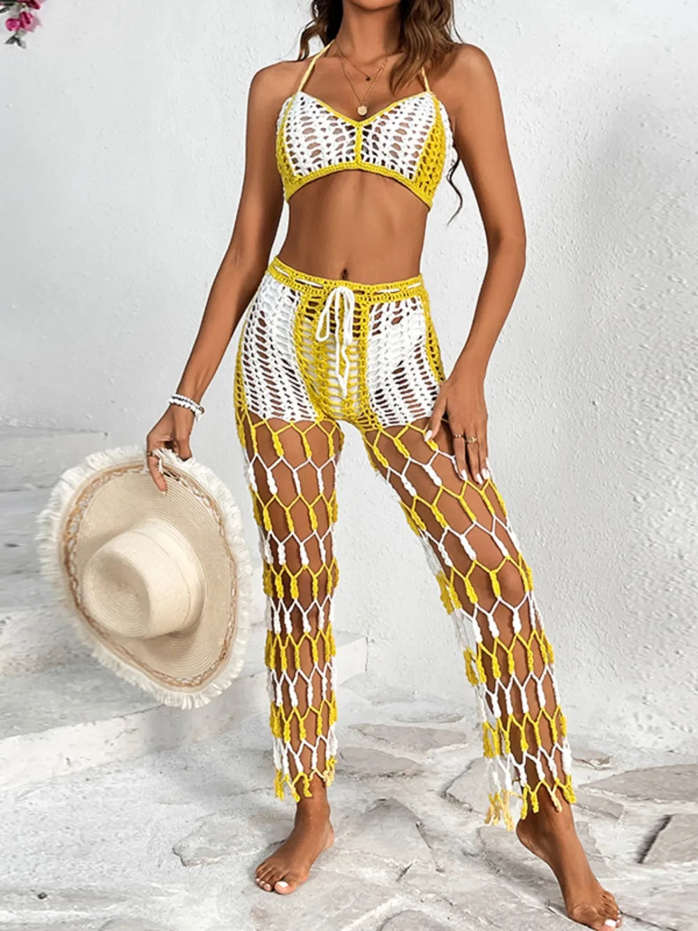 Beach pants top set mesh beach pants color engraved with hand hook flower