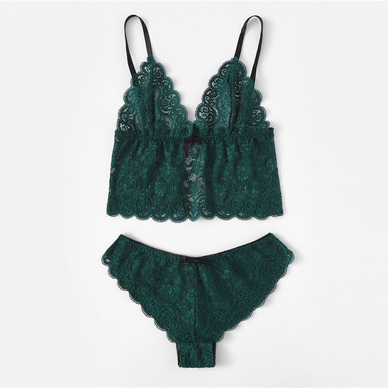 LA BELLA Army Green Sexy Floral Lace Cami Lingerie Set Burgundy Women Bra And Brief Sets Wireless Sexy Underwear Bra Set