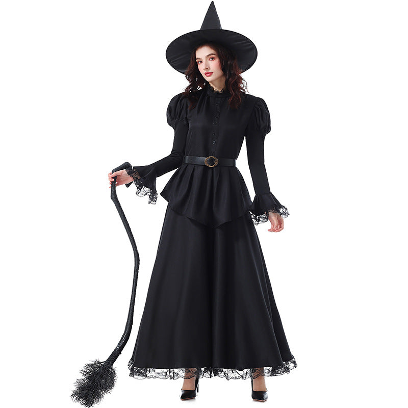 Halloween Costume Party Movie Character Performance Dress Witch Black Elegant Lace Witch Long Dress Magician