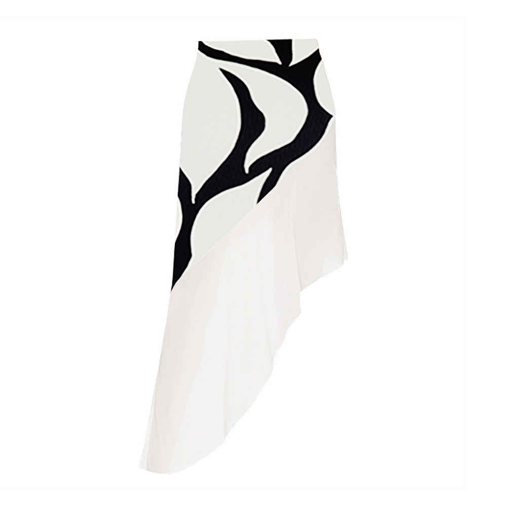 Women Swimsuits Pure Black One-piece Swimsuit with Single Shoulder White Floral Cluster Decoration, with an Abstract Black Strip