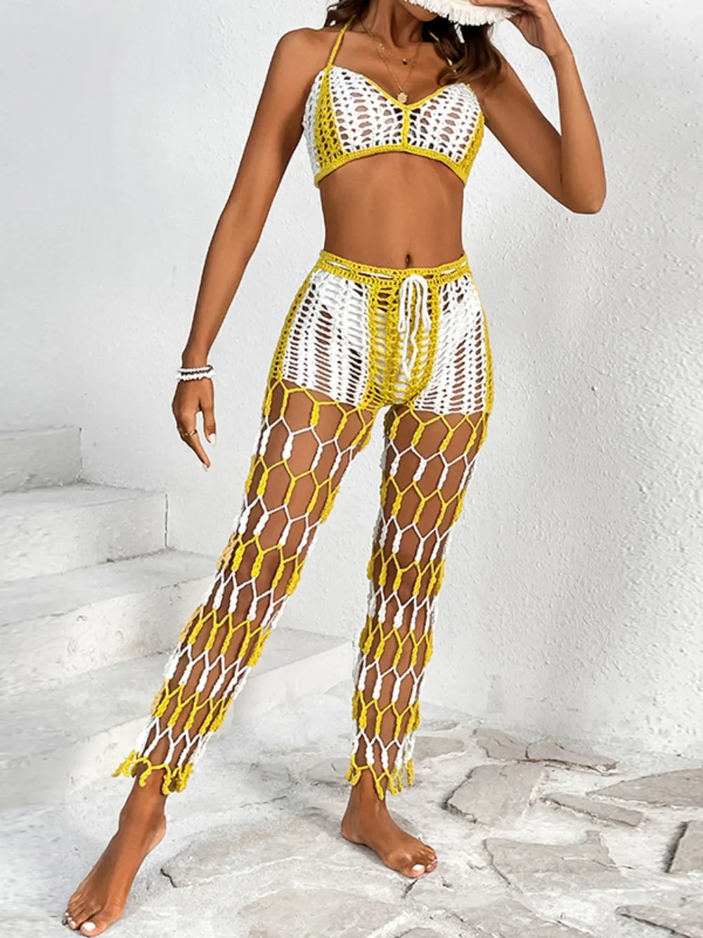 Beach pants top set mesh beach pants color engraved with hand hook flower