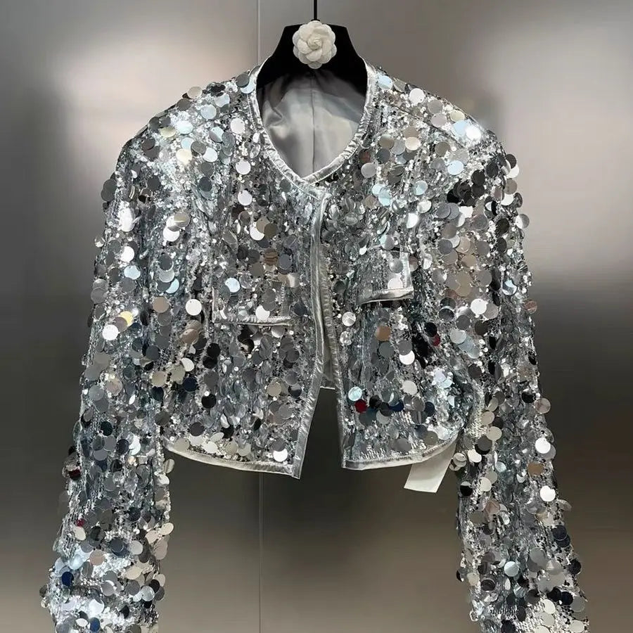 Autumn Winter Sequin Shiny Long Sleeve Party Club Jackets Outerwears Women Dance Stage Silver Coat