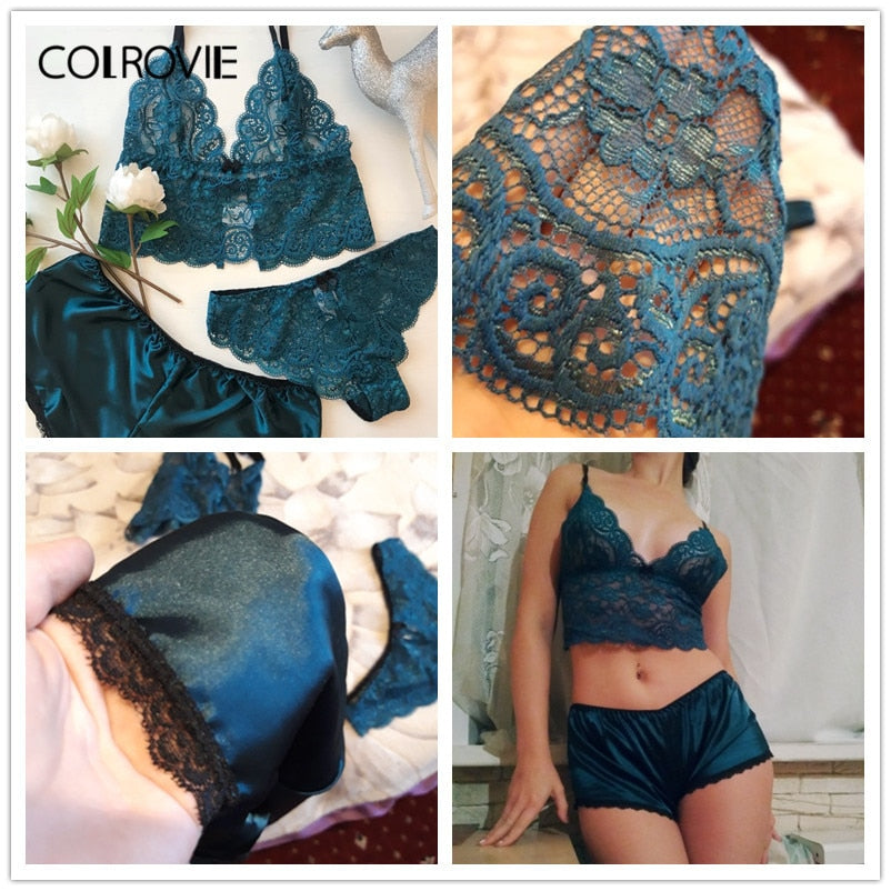 LA BELLA Army Green Sexy Floral Lace Cami Lingerie Set Burgundy Women Bra And Brief Sets Wireless Sexy Underwear Bra Set