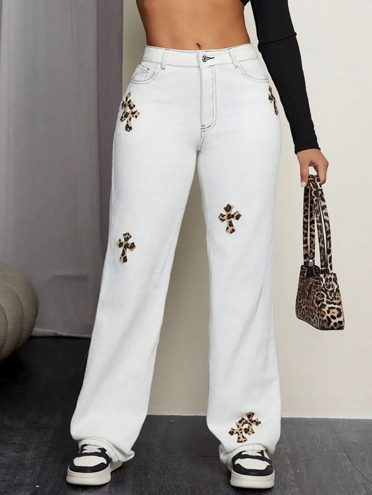 Leopard Cross Detail Straight Leg Jeans