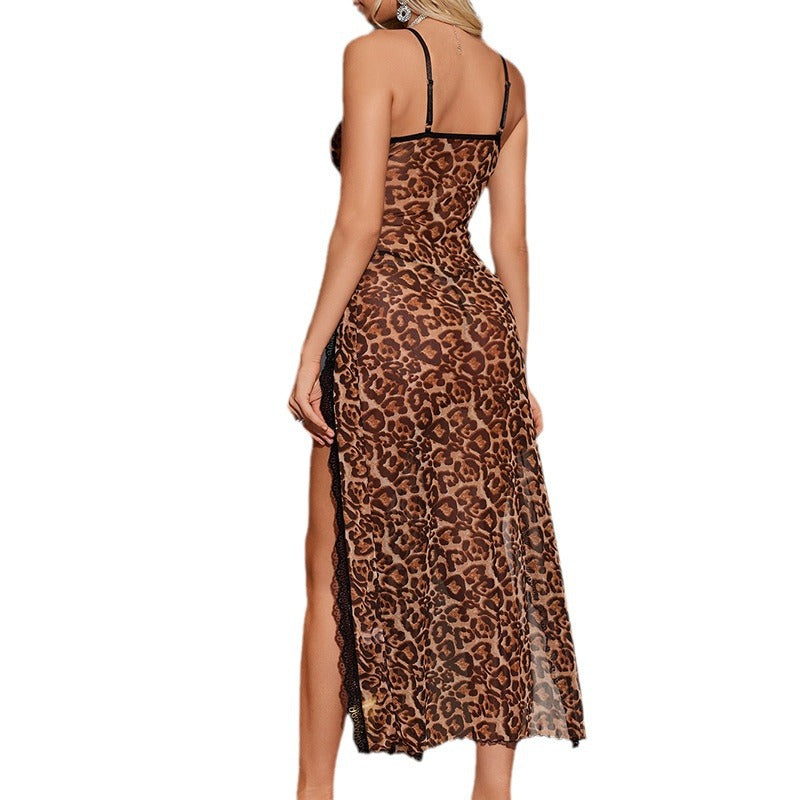 LA BELLA Sexy lingerie, see through long skirt, pajama set, sexy slit leopard print lace backless nightgown
