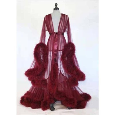LA BELLA Sexy Lingerie Women's Sexy Feather Trumpet Sleeve Trailing Long Skirt Imitation Rex Rabbit Fur Sexy Nightdress Perspective Temptation Suit