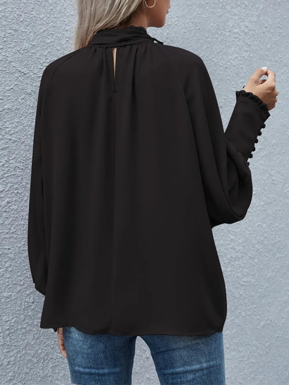 Badge of Pearls Tie Neck Lantern Sleeve Blouse