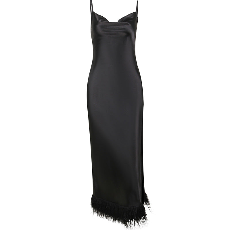 Sling Satin Fur Dress Autumn Fashion Women Sexy Open Back Slit Long Skirt