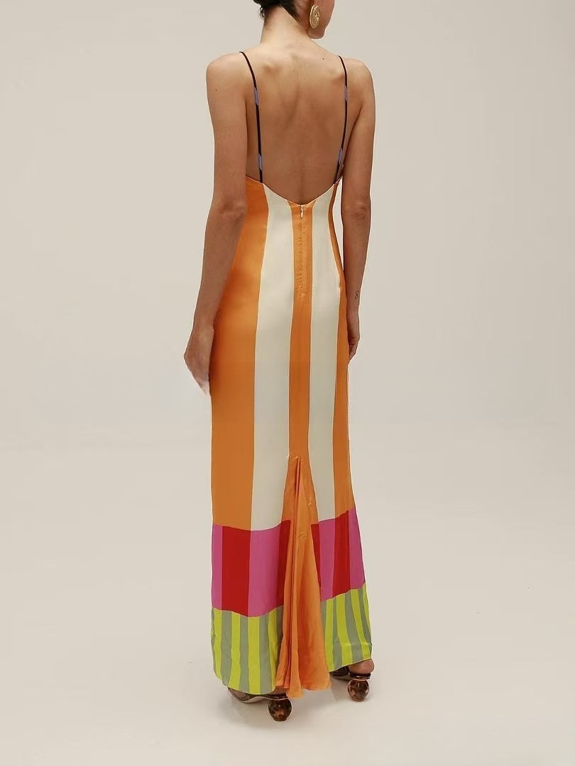 Striped dress with contrasting colors for slimming effect split top camisole skirt