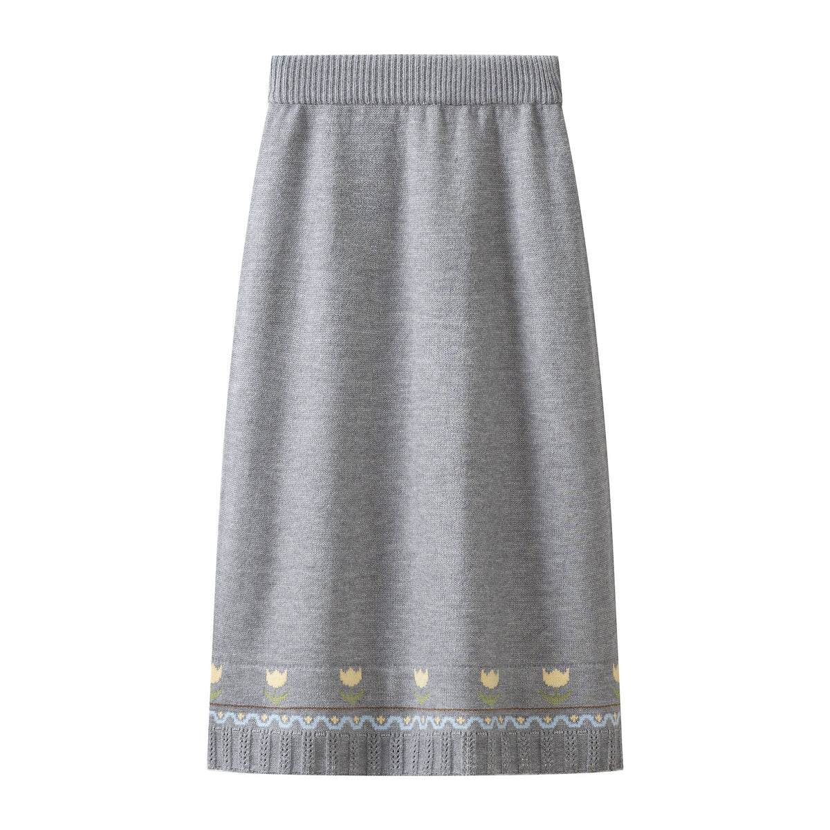 Casual Gray Jacquard Color-Block Knit Top and High Waist Straight Long Skirt Two-Piece Set for Women