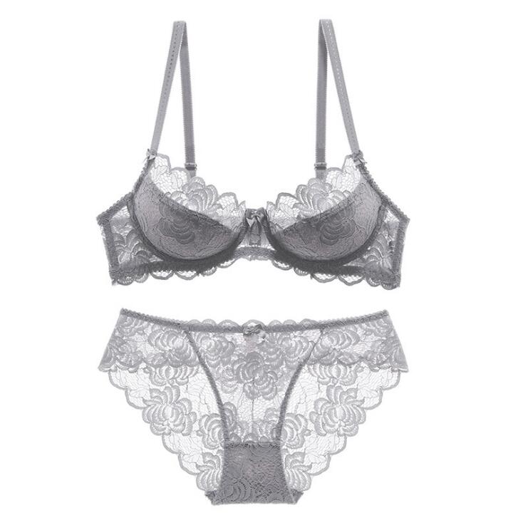 LA BELLA Sexy Bra Ultrathin Underwear Set Plus Size C D Cup Women Transparent Bra Sets Lace Embroidery Lingerie Gray Brassiere