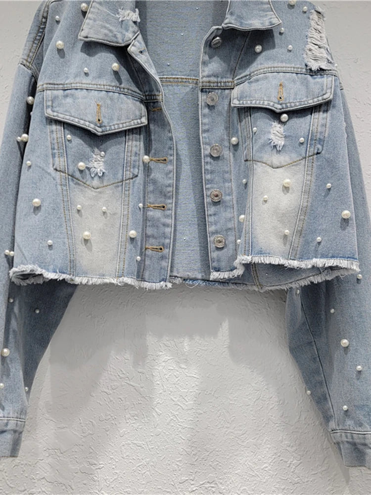 Badge of Pearls Distressed Washed Single Breasted Short Jackets Autumn New Fashion